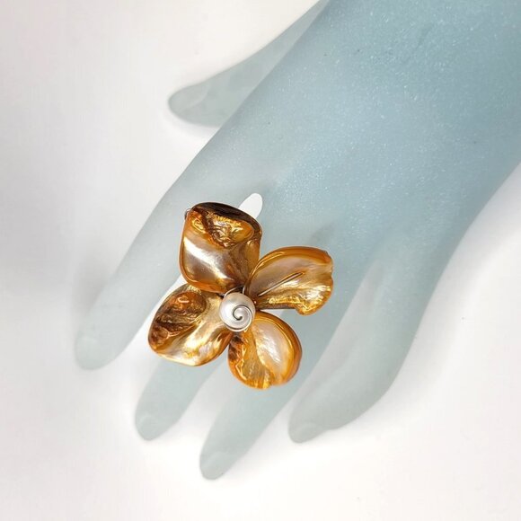 Orange Sea Shell Freshwater Pearl Bead Asymmetric Flower Adjustable Ring - Picture 7 of 13